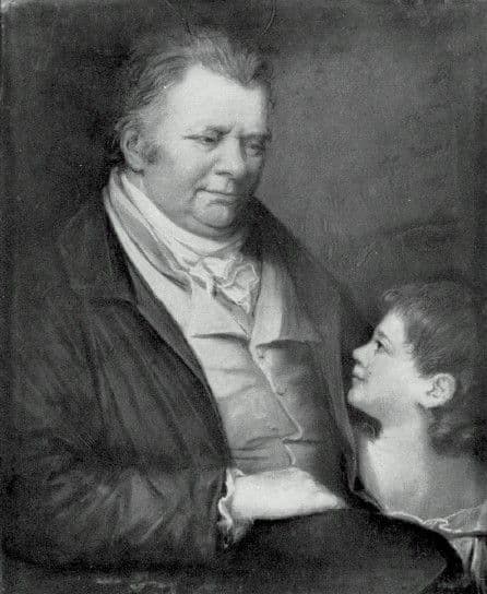 Painting of the elderly James Keir seated with a young girl.