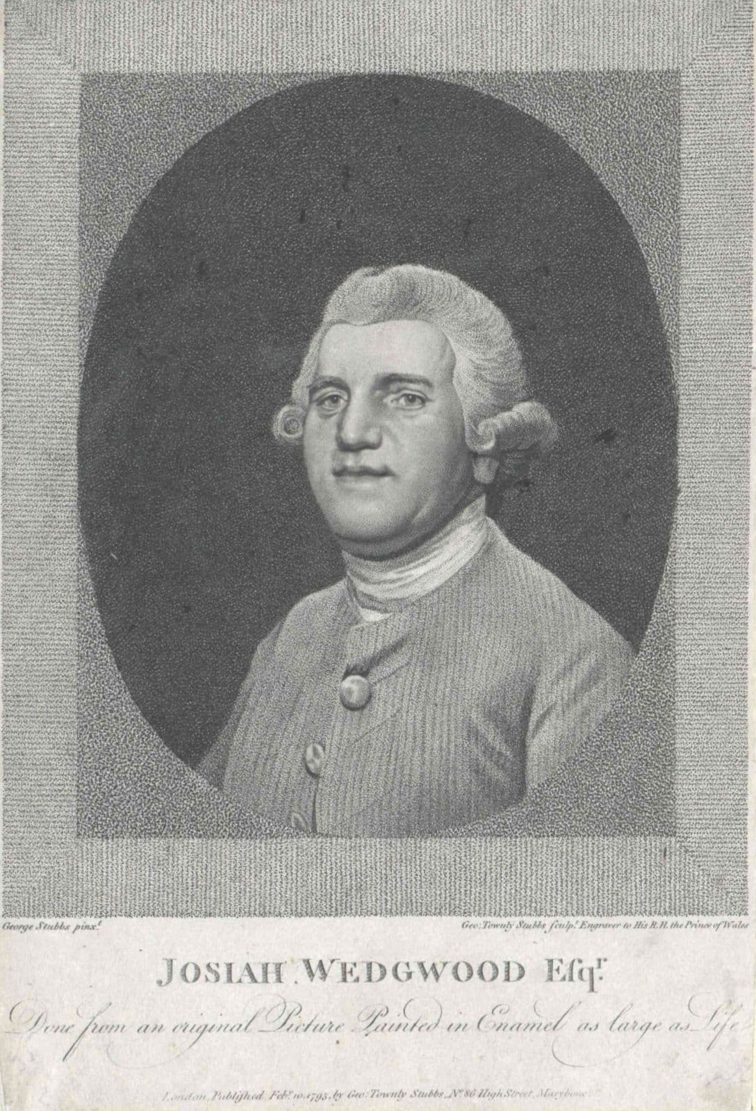 Engraved half-length portrait of Josiah Wedgwood in a wig and dark coat.
