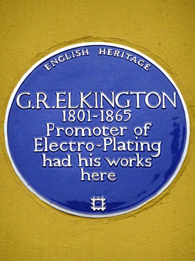 Blue plaque reading “G. R. Elkington 1801–1865, promoter of electro-plating, had his works here”.
