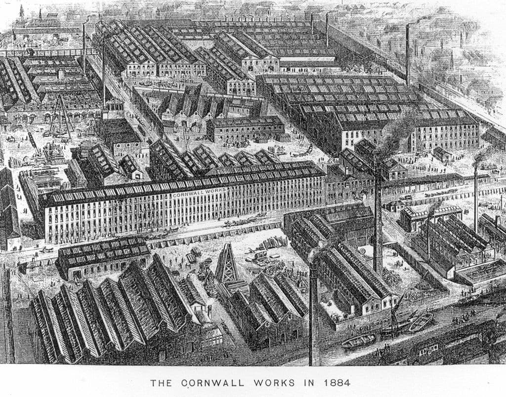 Old print of the extensive Cornwall Works with long workshop ranges beside the canal.