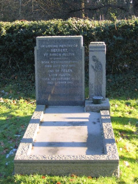 A grey granite headstone and kerbed grave in a churchyard, inscribed in loving memory of Herbert, 1st Baron Austin, and of Helen, Lady Austin.