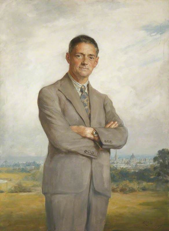 Painted portrait of William Morris standing with his arms folded, in a light grey suit, with open country and a distant city behind him.