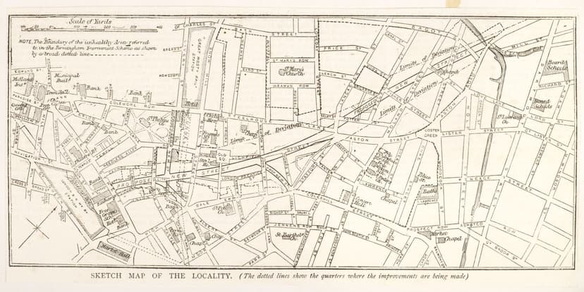 Old map of central Birmingham with the line of a planned new street marked across it.