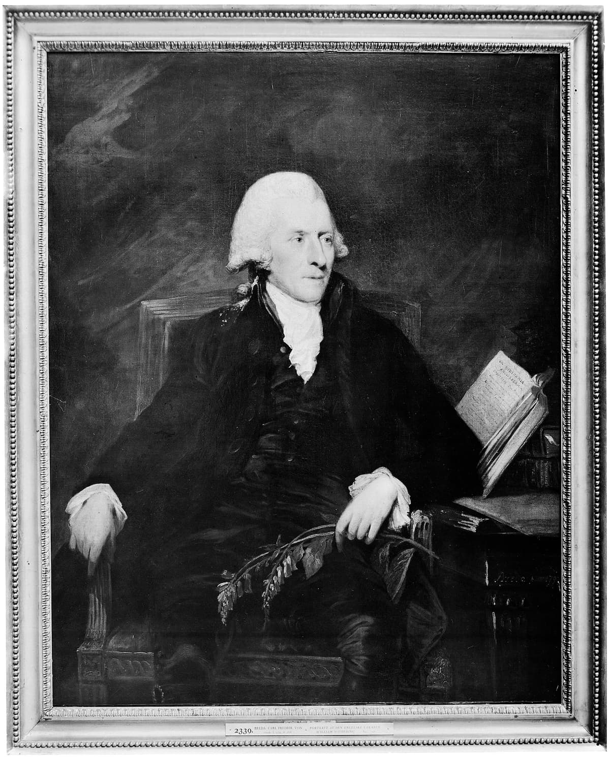 Oil portrait of an eighteenth-century man in a dark coat with a white cravat, holding a sprig of foxglove.