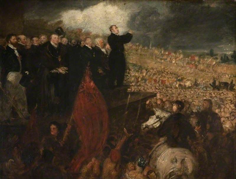 An oil sketch of an enormous crowd filling a hollow hillside, with banners raised and speakers on a platform below.