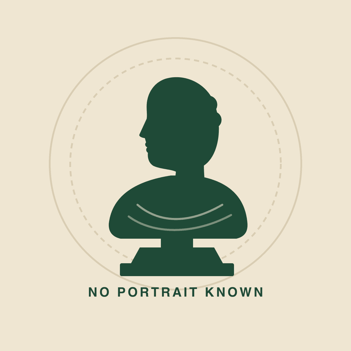 A plain silhouette of a classical bust on a plinth, with the words “No portrait known”. It is not a likeness.