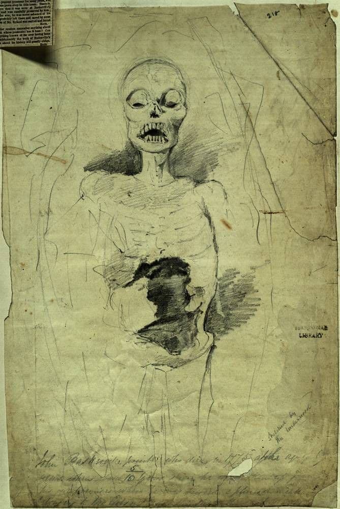 Pencil sketch of a partly preserved body lying in a coffin: a skull-like face with teeth showing, ribs visible, and a dark stain across the middle.