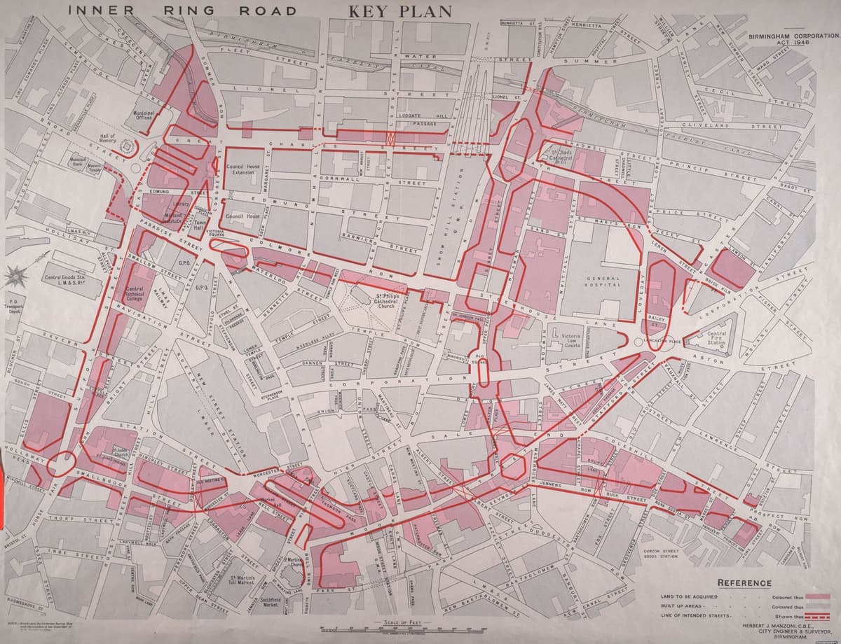 Coloured street map of central Birmingham headed Inner Ring Road Key Plan, with red lines for new roads looping round the centre and pink blocks for land to be bought.