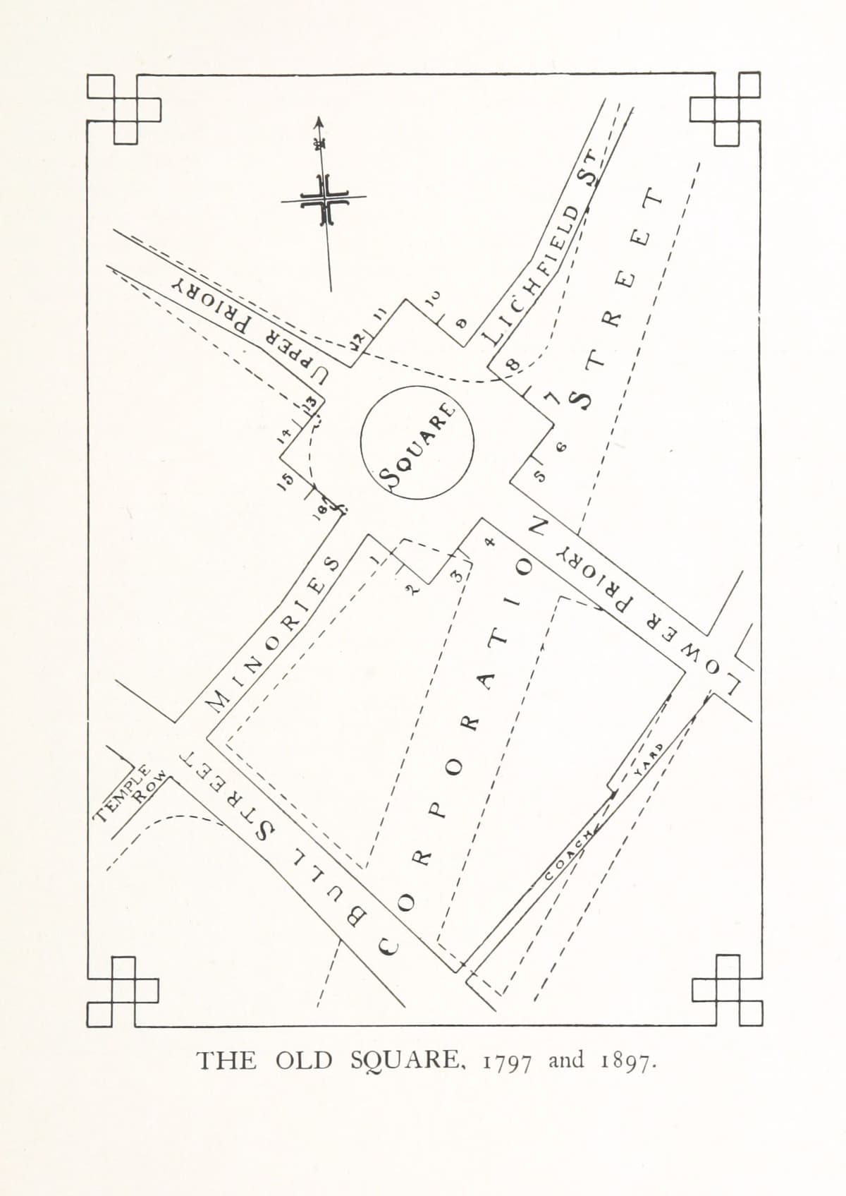 Street plan of Old Square with Upper Priory, Lichfield Street, Lower Priory, the Minories and Bull Street, overlaid with the line of Corporation Street.