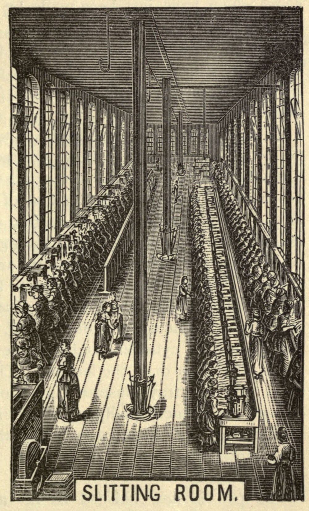 Engraving of a long, tall workroom lit by rows of windows, with two long lines of women seated at small presses and a forewoman walking between them.