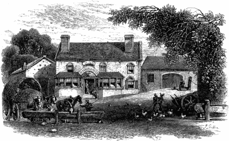 Engraving of a low roadside inn with a central doorway and bay windows, a hay waggon and horses at a trough in front, and trees to the right.