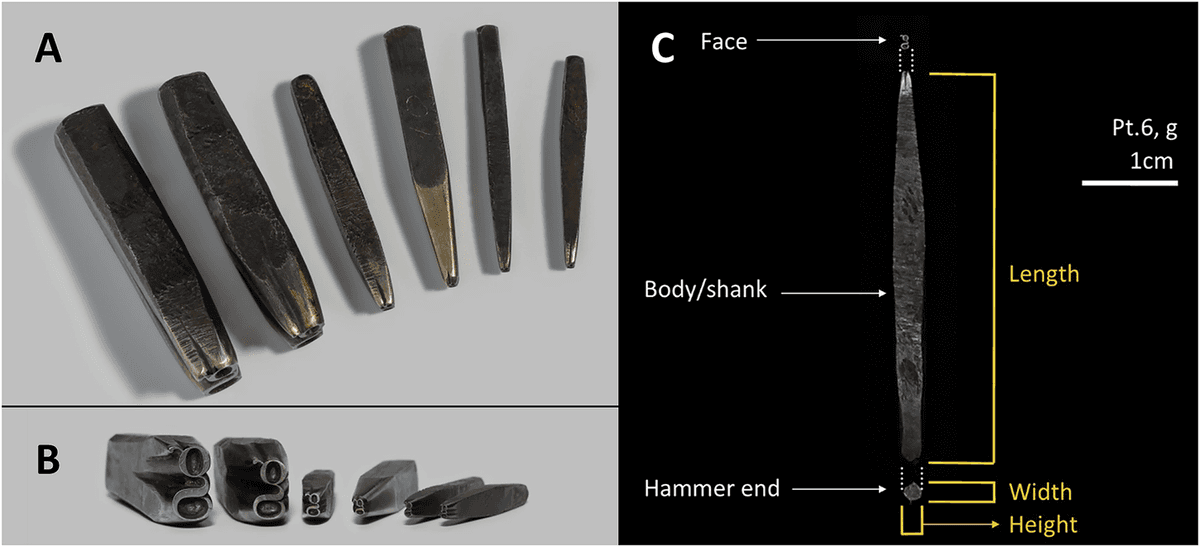 Photographs of six tapering dark steel punches of different sizes, a close-up of their letter faces, and a labelled diagram of one punch showing face, shank and hammer end.
