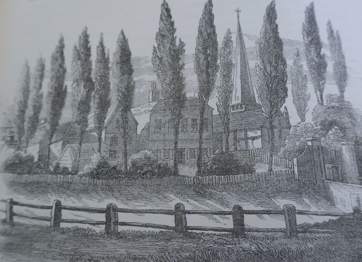 Wood engraving of a Georgian house and an older gabled building behind poplars and a fenced moat.