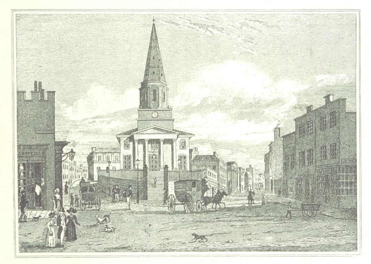 Engraving of a classical stone church with a four-column portico and a tall spire rising from a clock tower.