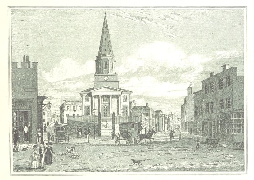 Engraving of a classical stone church with a four-column portico and a tall spire rising from a clock tower.
