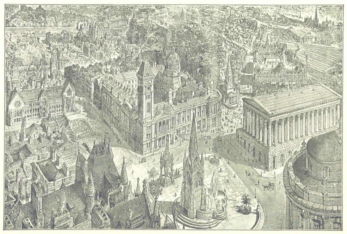 Detailed bird’s-eye drawing over a Victorian city centre with civic buildings and a church spire.