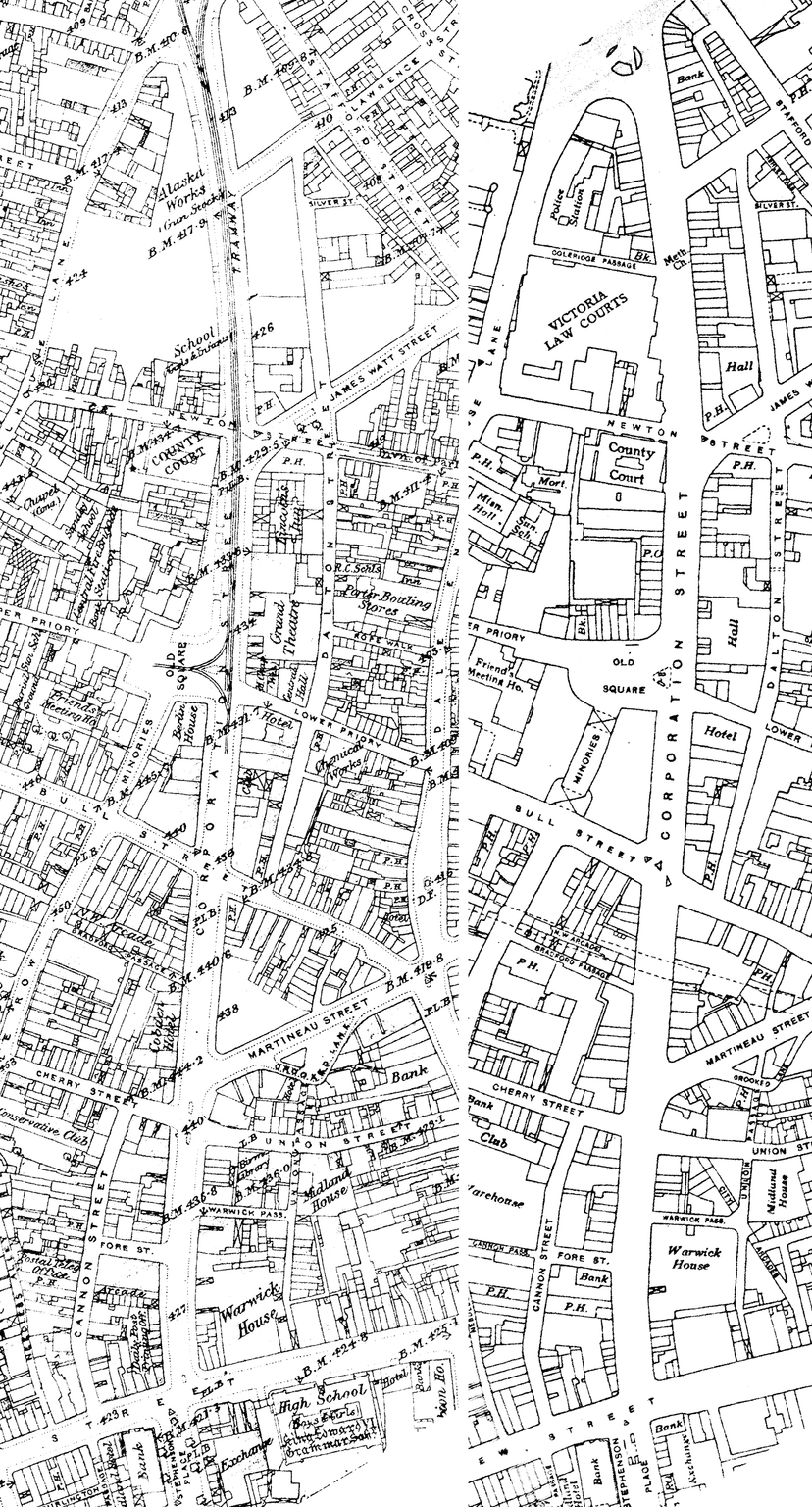Two side-by-side strips of old Ordnance Survey maps following the length of Corporation Street.