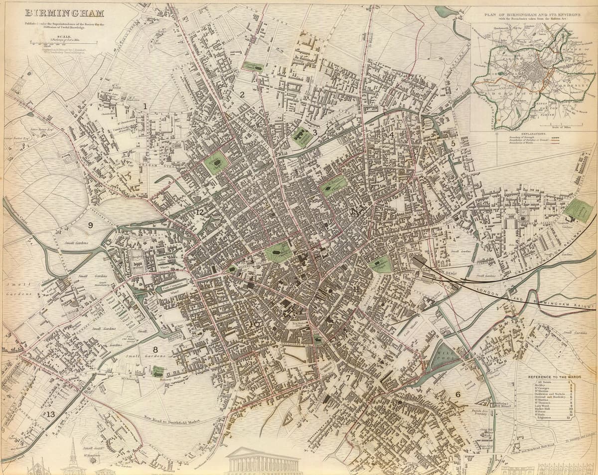 Engraved 1839 street map of Birmingham with canals, the new railway terminus and the river valley to the south-east.