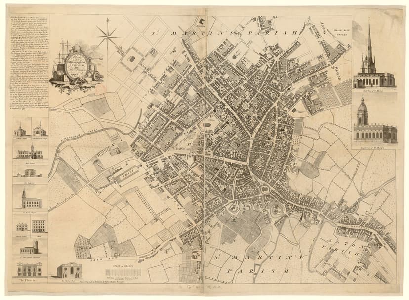 Engraved town plan of Georgian Birmingham.