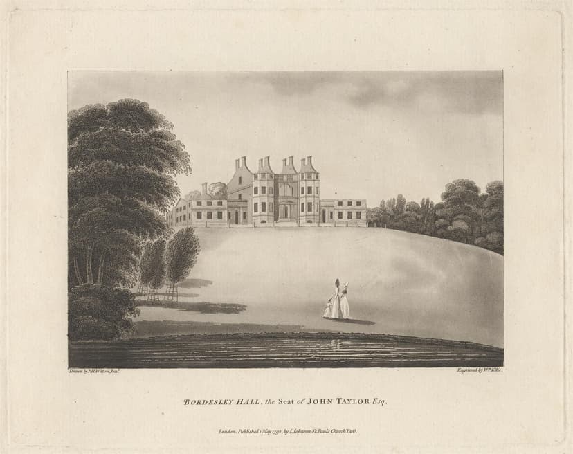 Engraving of a large Georgian house standing roofless and burnt out on a rise above a lawn and a pool.