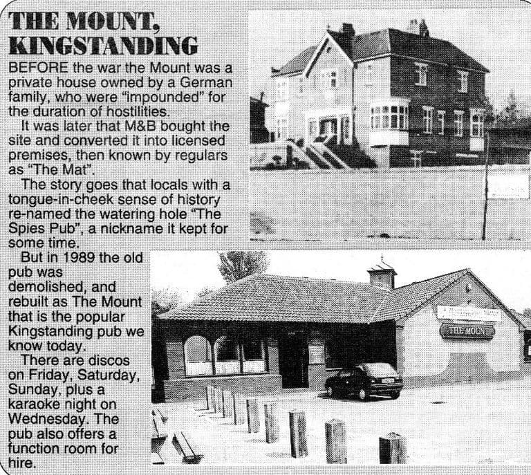 A newspaper cutting headed The Mount, Kingstanding, with a photo of a large brick house and one of the low modern pub that replaced it