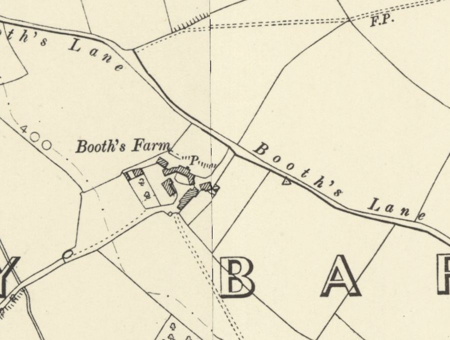 Old map: Booth’s Farm, a group of buildings round a yard with a pump, beside Booth’s Lane among large fields