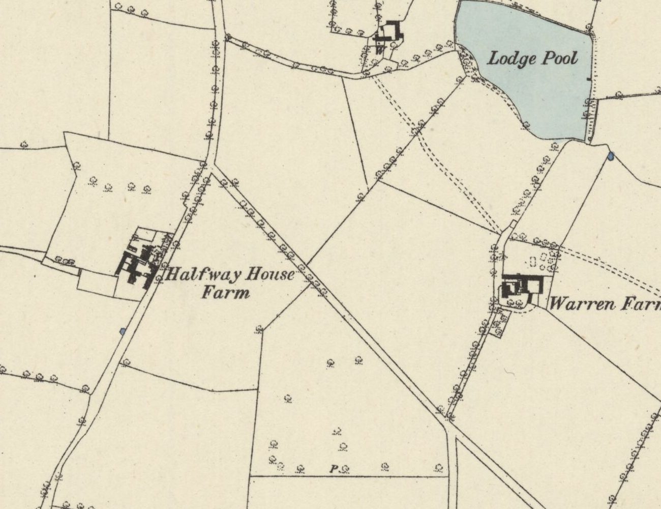 Old map showing Halfway House Farm beside the lane, with Lodge Pool and Warren Farm to the east