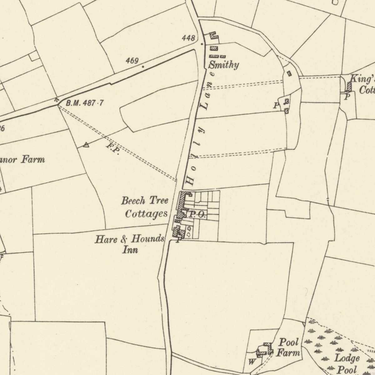 Old map of Holly Lane showing the Smithy, Beech Tree Cottages, the post office and the Hare & Hounds Inn, with Pool Farm to the south