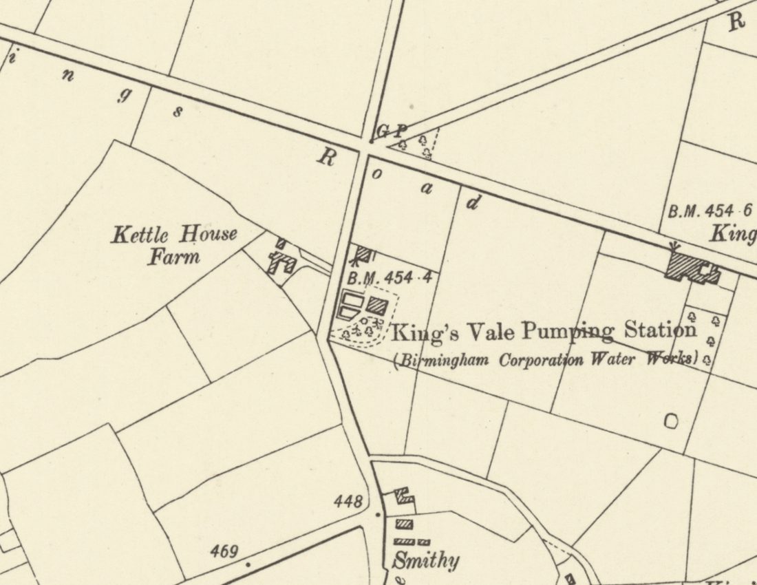 Ordnance Survey map of 1901 showing King’s Vale Pumping Station (Birmingham Corporation Water Works) east of the road, with Kettle House Farm opposite and Kings Road to the north
