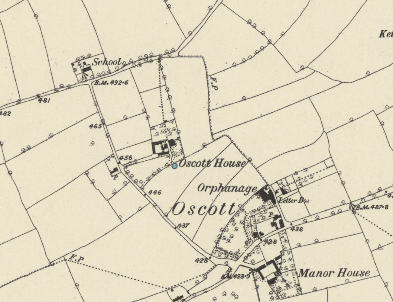 Old map of Oscott: the word “Oscott” across fields, the Orphanage, Oscott House farmstead with a small pond, the Manor House, and a School on Shady Lane at top left