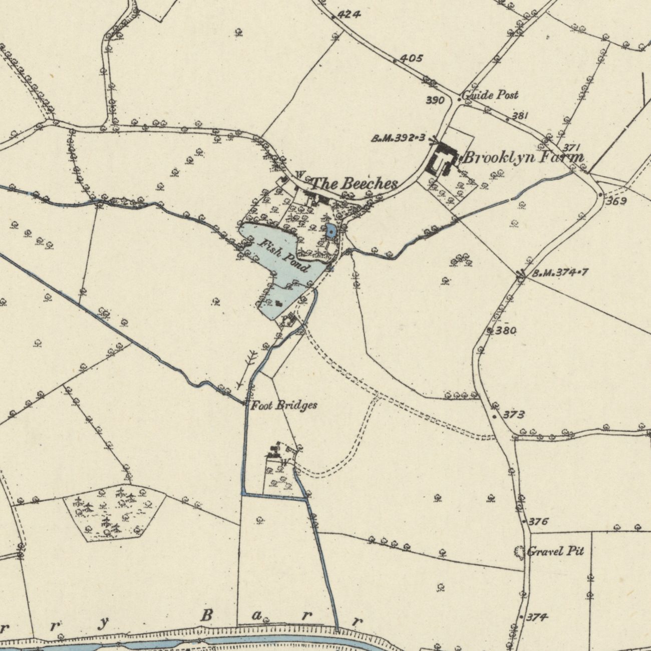 Old map: The Beeches and Brooklyn Farm, with a blue Fish Pond below The Beeches, “Foot Bridges” downstream and the Perry Barr reservoir and canal at the bottom