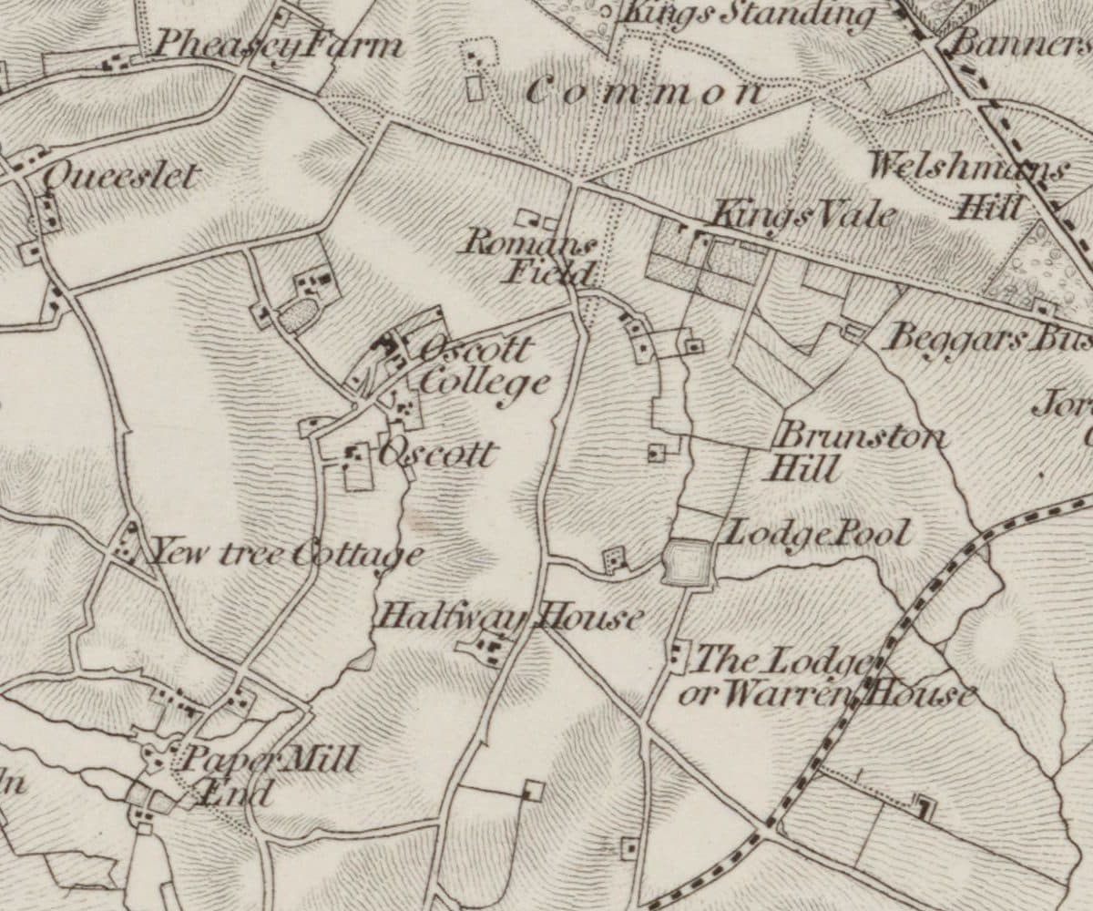 Engraved one-inch map showing Romans Field beside the road north of Oscott College, with Kings Vale, Kings Standing, the Common, Lodge Pool and The Lodge or Warren House