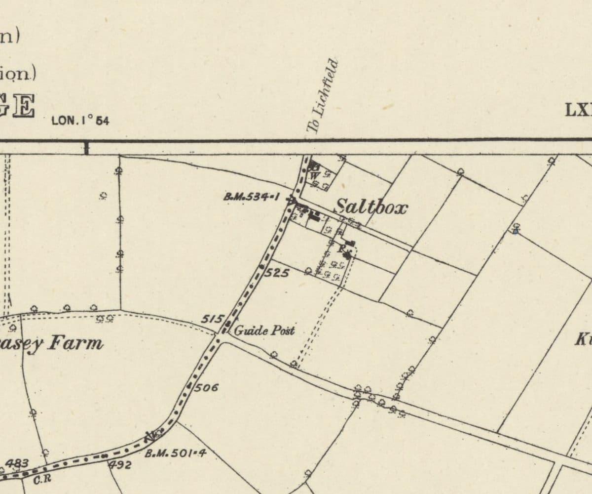 Old Ordnance Survey map showing the word Saltbox beside a few small buildings on a road marked To Lichfield, with a guide post and straight field boundaries