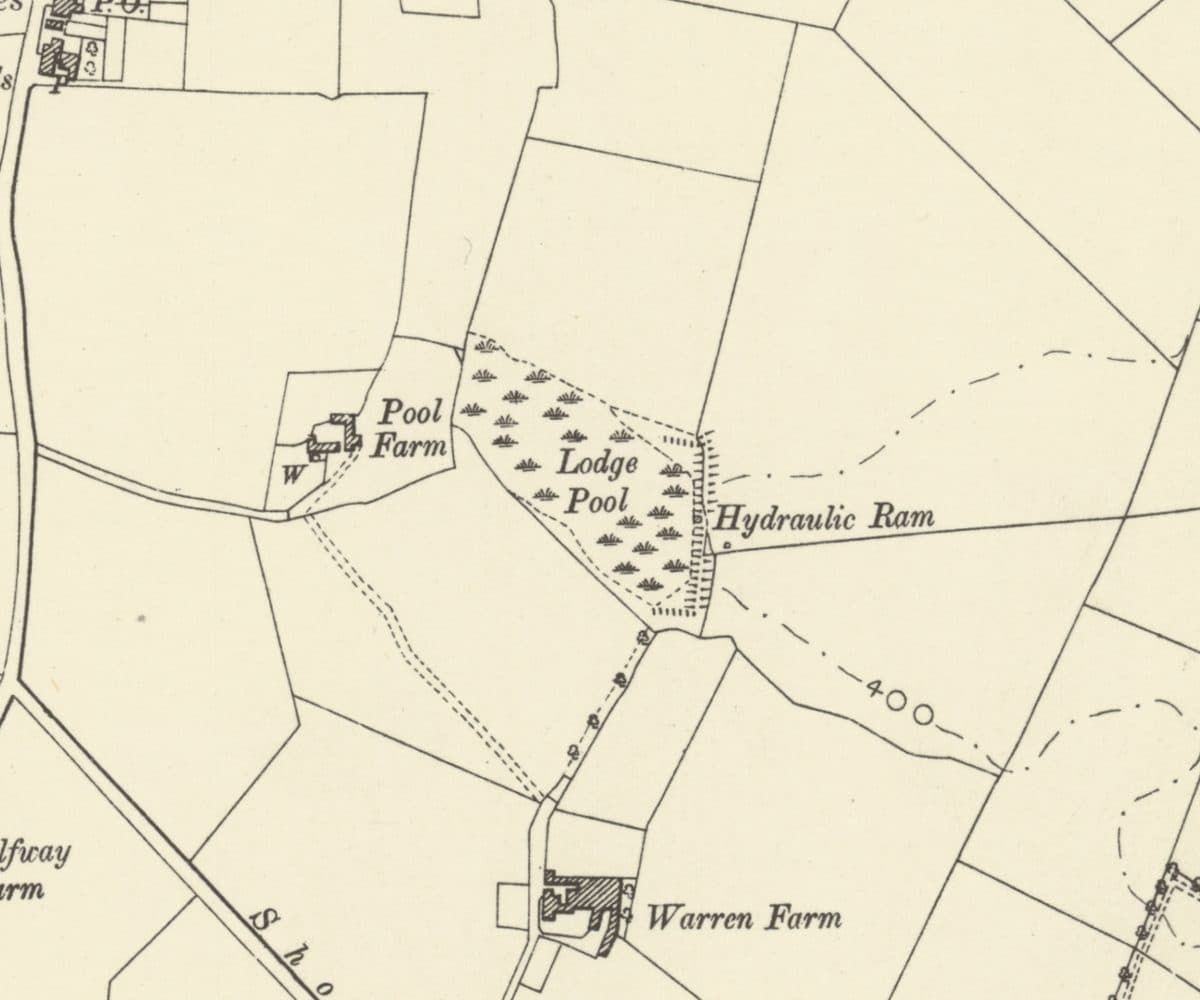 Old map showing Pool Farm, the marshy Lodge Pool with a hydraulic ram at its eastern end, and Warren Farm to the south