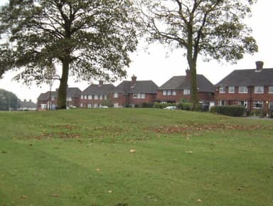 The King’s Standing mound — a low grassy rise with two large trees, and houses on the estate behind