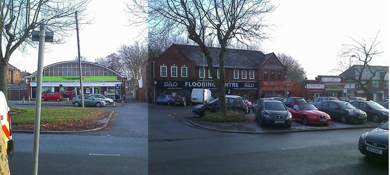 Two photographs joined side by side: on the left a modern Co-operative Food store with a curved, barrel-vaulted roof and glazed front; on the right an older two-storey red-brick shop building with gables, now a flooring centre, with cars parked in front.