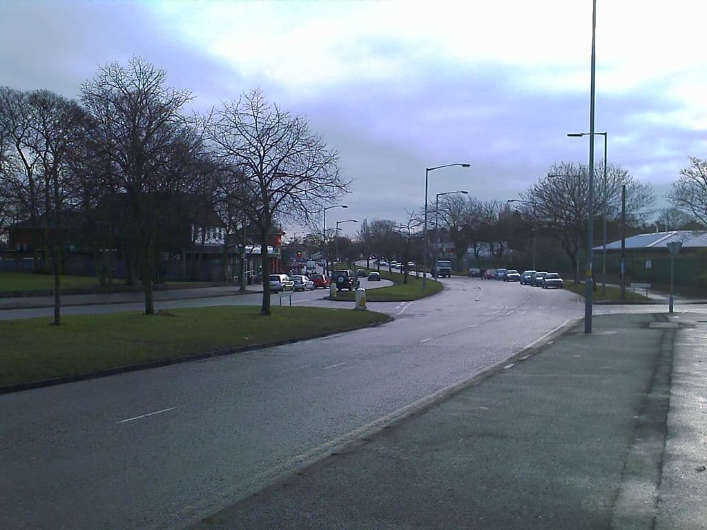 2010: A wide dual carriageway curving away between grass verges and bare trees, with street lamps, a line of parked cars and houses in the distance, under a grey sky.
