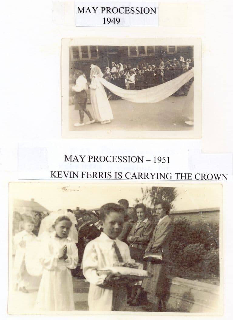 Two small snapshots on an album page. Top, labelled “May Procession 1949”: a girl in white with a long train carried by a boy, watched by a crowd outside a wooden building. Bottom, labelled “May Procession – 1951. Kevin Ferris is carrying the crown”: a boy in white carries a crown on a cushion ahead of a girl in a white veil, with women watching.