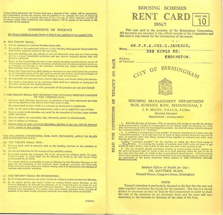 An opened yellow Birmingham Corporation “Housing Schemes Rent Card 1956/7, Dist. No. 10”, with the City of Birmingham arms, the Housing Management Department’s address and, on the left, the printed “Conditions of Tenancy” – among them no fowl-pens or pigeons, no animals except a cat or dog, and no lodgers or wireless aerials without the Corporation’s consent.