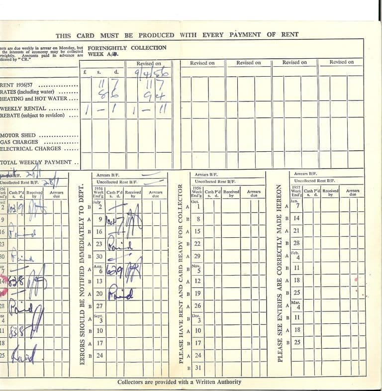 The inside of the rent card: a grid of weekly payment boxes for 1956–57, with handwritten amounts, collectors’ initials and “Paid” entries for the weeks of spring and summer 1956, and printed notes that the card must be produced with every payment of rent.
