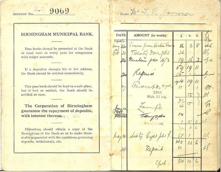 An open bank book: the left page prints the bank’s rules and “The Corporation of Birmingham guarantee the repayment of deposits, with interest thereon”; the right page is the account of Mr F R Jameson, with handwritten deposits and repayments from 1942 to 1944 and interest stamps for March 1943 and 1944.