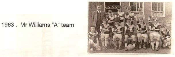 A scanned booklet page: a boys’ football team in hooped shirts, some seated with a ball, with a man in a suit, in front of the school. Printed beside it: “1963. Mr Williams ‘A’ team”.