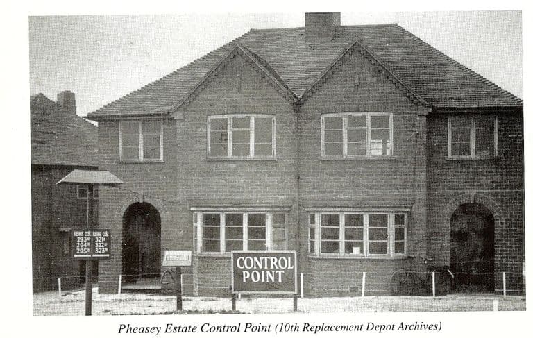 A scan of a book page: a pair of brick semi-detached houses with a large sign in front reading “Control Point”, a board listing Reinforcement Companies 293rd to 295th and 321st to 323rd, and bicycles by the porch. The printed caption reads “Pheasey Estate Control Point (10th Replacement Depot Archives)”.