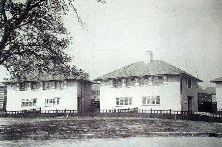 Two pairs of white-rendered semi-detached houses with hipped roofs and simple fences behind a grass verge, a large tree on the left and a street sign on the right.