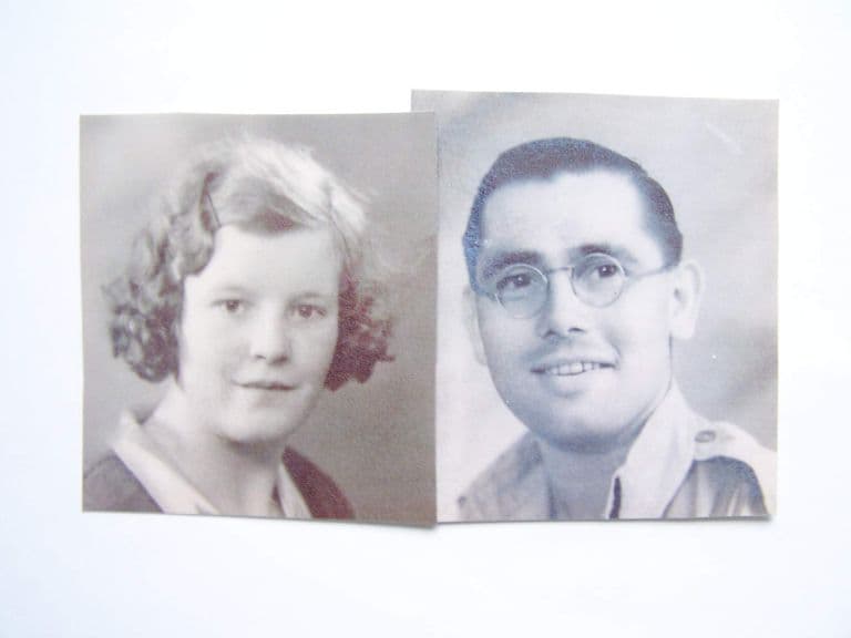 Two small black-and-white head-and-shoulders portraits side by side: a young woman with curled hair and a hair slide, and a smiling young man in round glasses and an open-necked shirt.