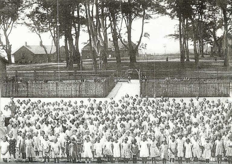 Hundreds of girls in summer dresses stand massed in rows on a school field, a few teachers at the left, in front of a paling fence with a gateway; tall pines and houses stand beyond.