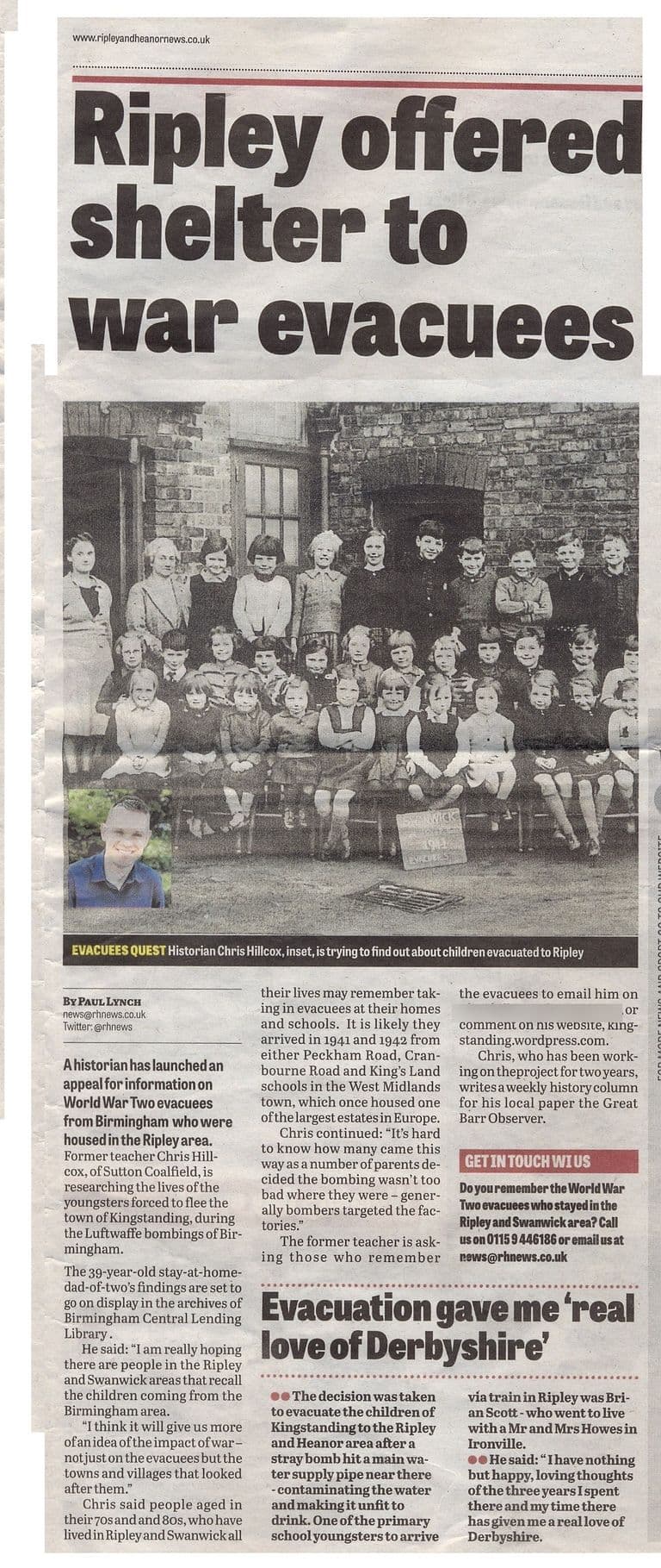 A newspaper page headed “Ripley offered shelter to war evacuees”, with the 1941 photograph of Kingstanding evacuees at Swanwick and an inset portrait of Chris Hillcox, two columns of text and a second story headed “Evacuation gave me ‘real love of Derbyshire’”.