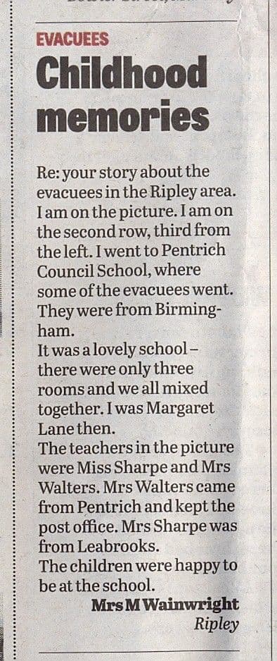 A narrow newspaper column headed “Evacuees – Childhood memories”: a reader’s letter signed “Mrs M Wainwright, Ripley”.