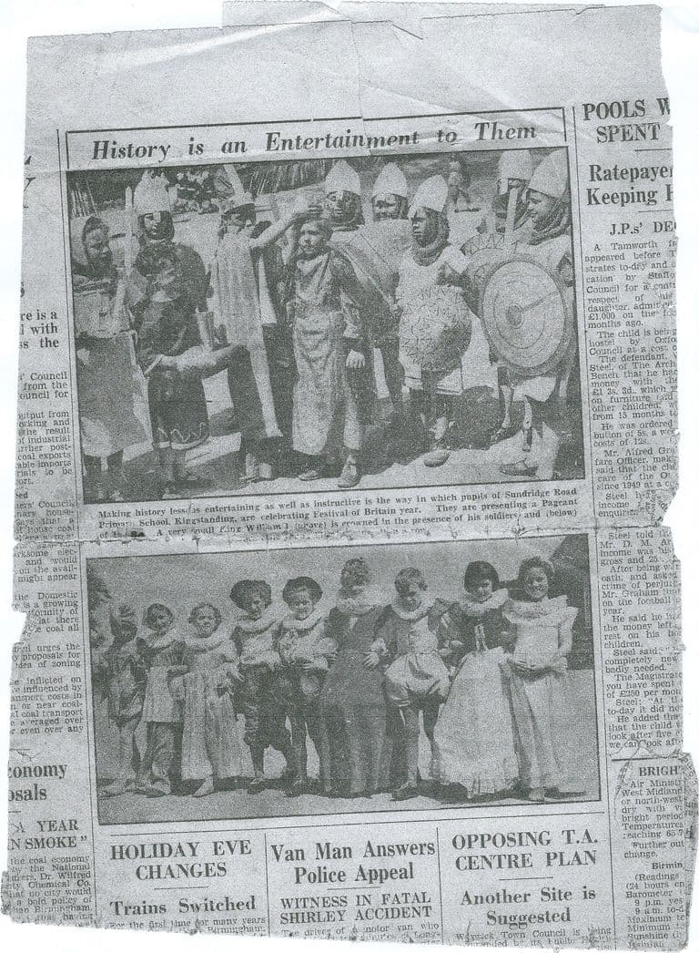 A worn newspaper cutting headed “History is an Entertainment to Them”, with two photographs of children in costume: above, a small boy crowned as King William I among children dressed as Norman soldiers with helmets and shields; below, children in Tudor ruffs and gowns.