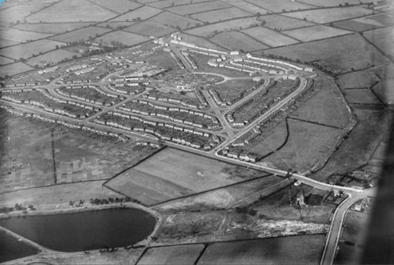 Aerial photograph of 1926 showing the new Perry Common council estate in open fields, with the Witton Lakes reservoir in the foreground